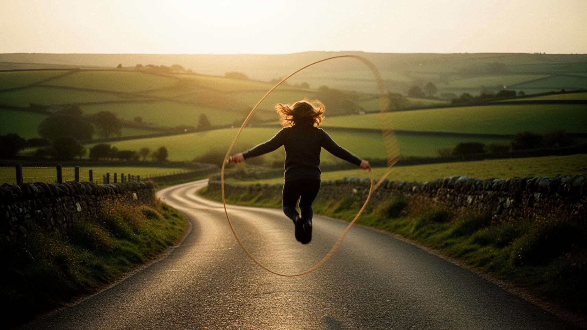 A person skipping with a rope on a winding country road in the British countryside at golden hour
